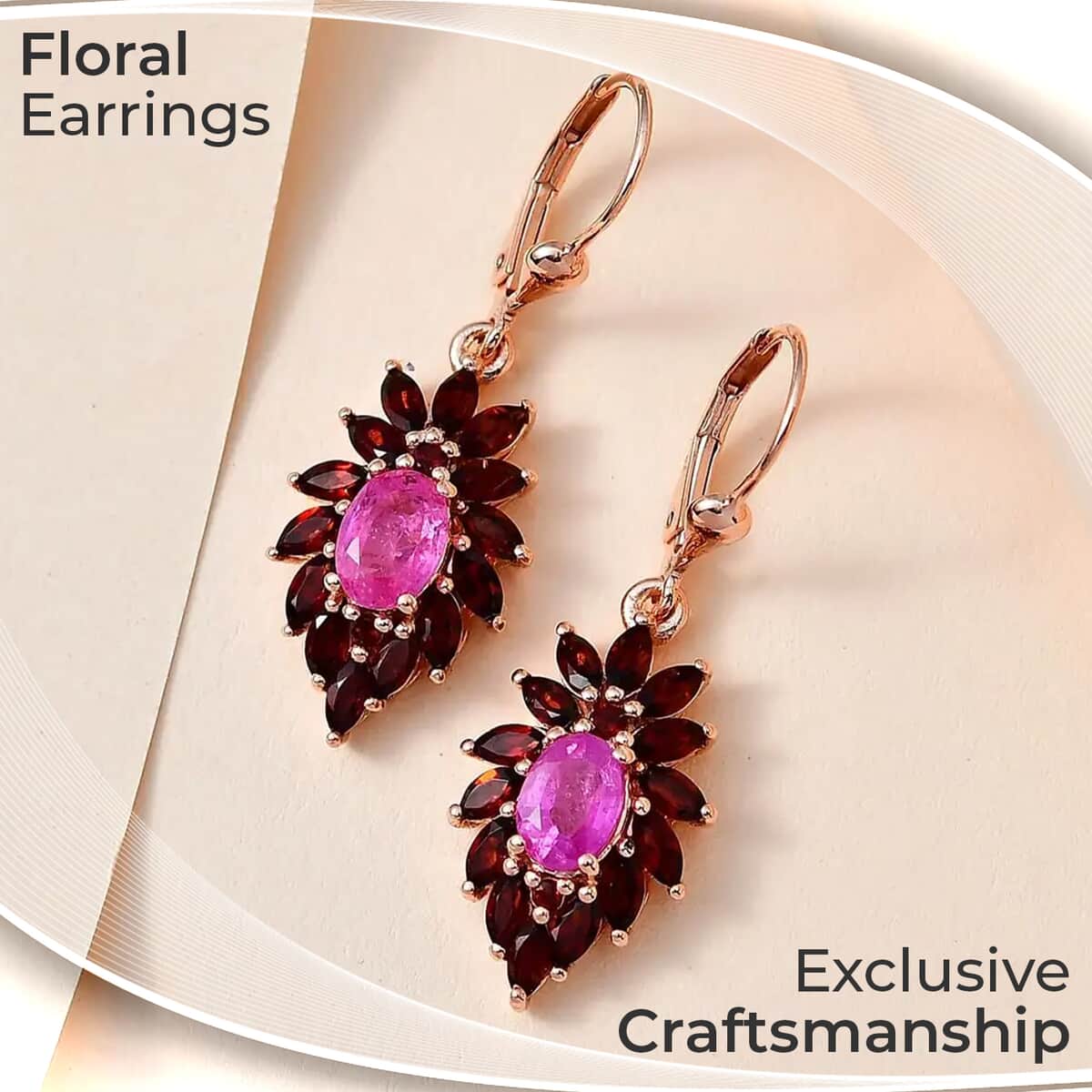 Ilakaka Hot Pink Sapphire (FF) Floral Earrings, Mozambique Garnet Accent Lever Back Earrings, Vermeil Rose Gold Over Sterling Silver Earrings 5.30 ctw image number 1