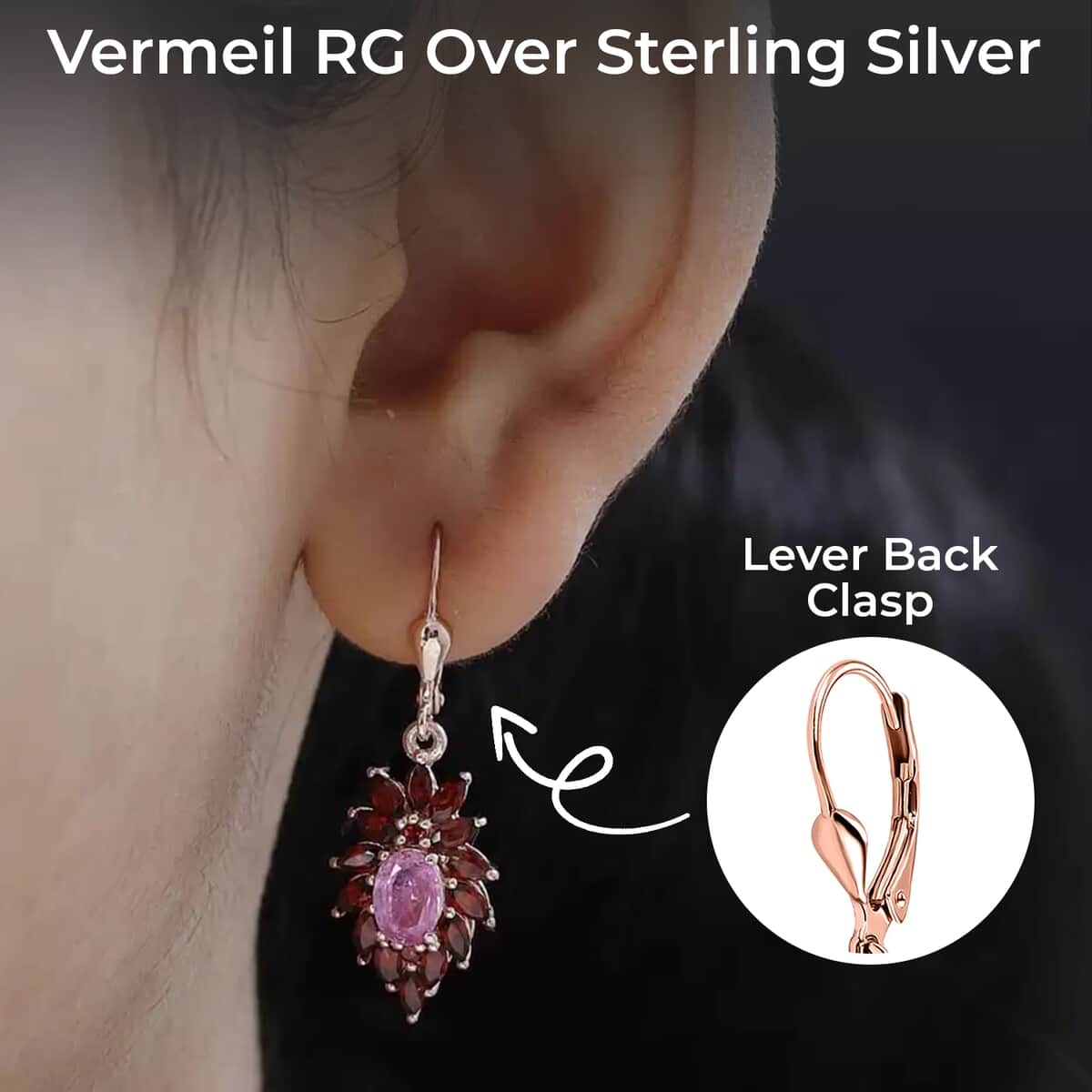 Ilakaka Hot Pink Sapphire (FF) Floral Earrings, Mozambique Garnet Accent Lever Back Earrings, Vermeil Rose Gold Over Sterling Silver Earrings 5.30 ctw image number 2