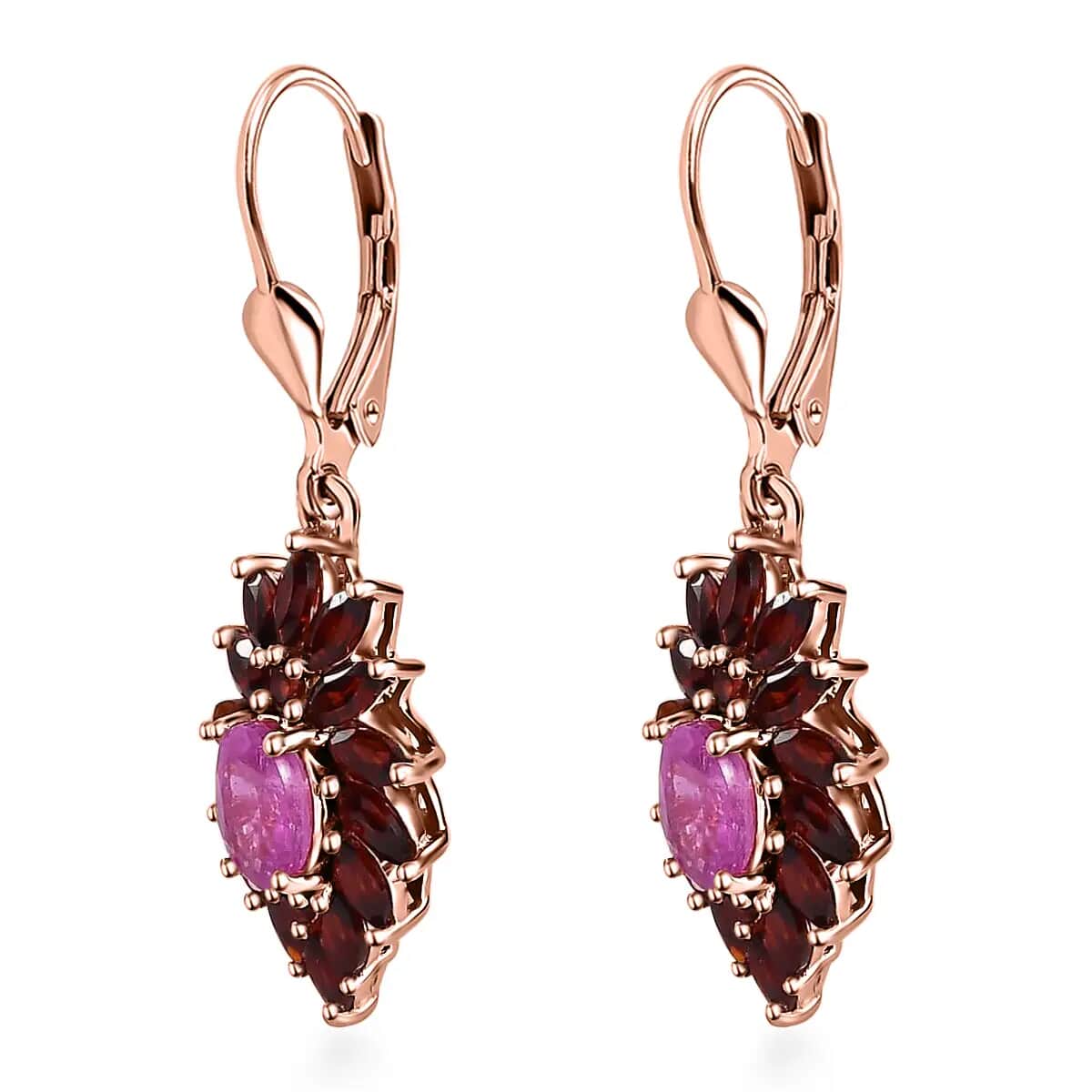 Ilakaka Hot Pink Sapphire (FF) Floral Earrings, Mozambique Garnet Accent Lever Back Earrings, Vermeil Rose Gold Over Sterling Silver Earrings 5.30 ctw image number 3