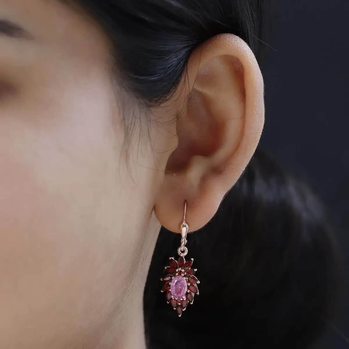 Ilakaka Hot Pink Sapphire (FF) Floral Earrings, Mozambique Garnet Accent Lever Back Earrings, Vermeil Rose Gold Over Sterling Silver Earrings 5.30 ctw image number 5