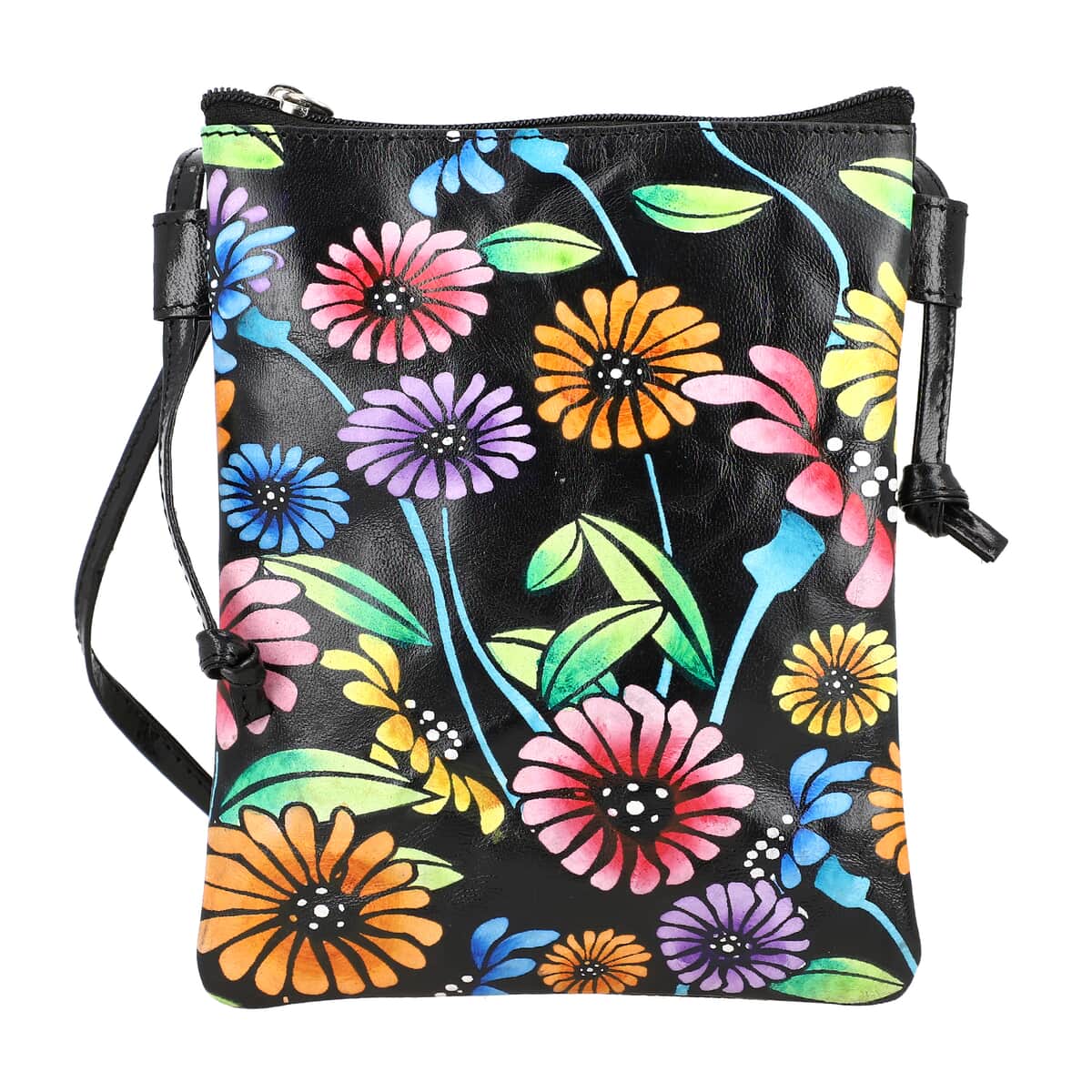 Vivid by Sukriti Black Multi Color Floral Pattern Hand Painted Genuine Leather Crossbody Bag image number 0