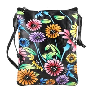 Vivid by Sukriti Black Multi Color Floral Pattern Hand Painted Genuine Leather Crossbody Bag