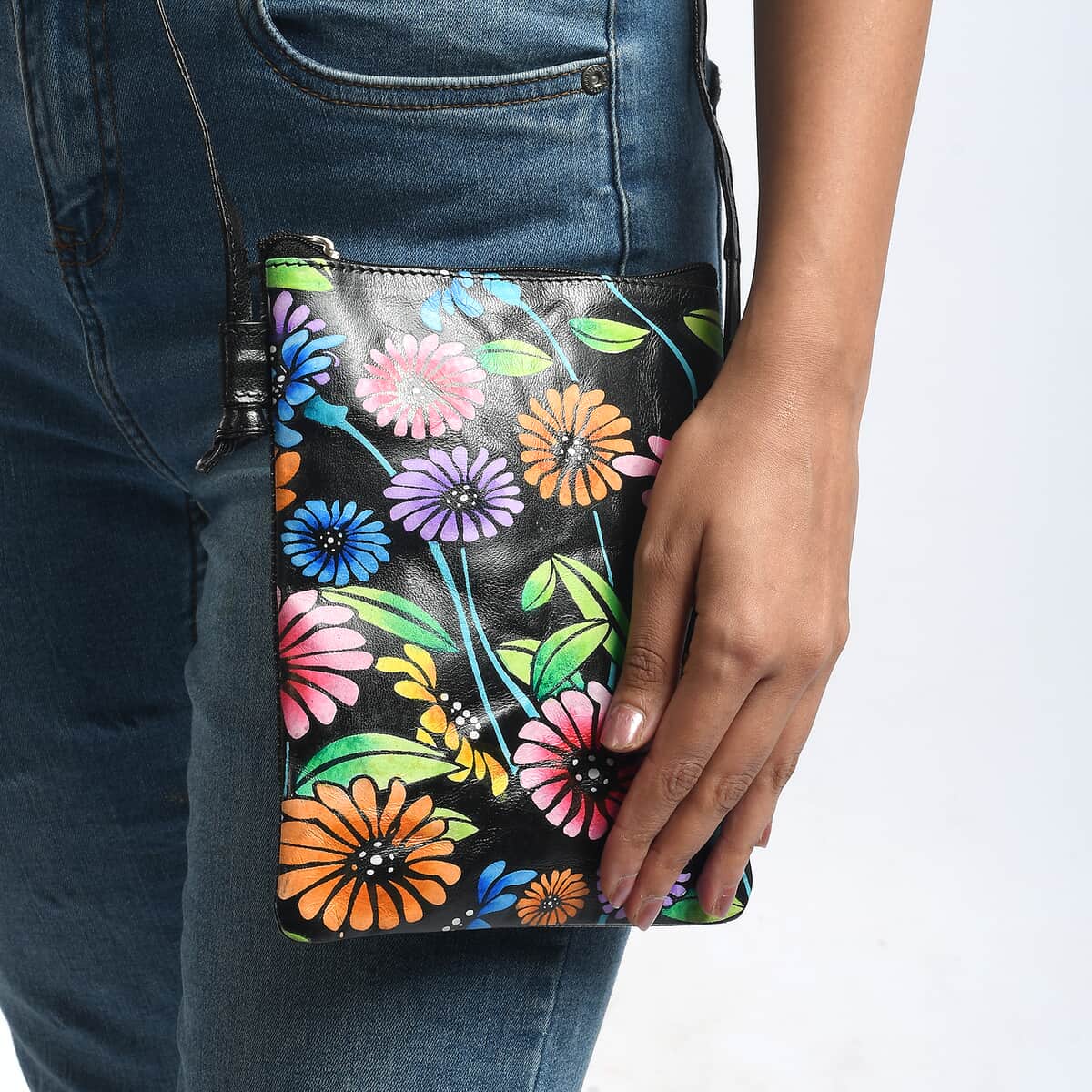 Vivid by Sukriti Black Multi Color Floral Pattern Hand Painted Genuine Leather Crossbody Bag image number 1