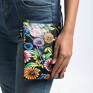 Vivid by Sukriti Black Multi Color Floral Pattern Hand Painted Genuine Leather Crossbody Bag