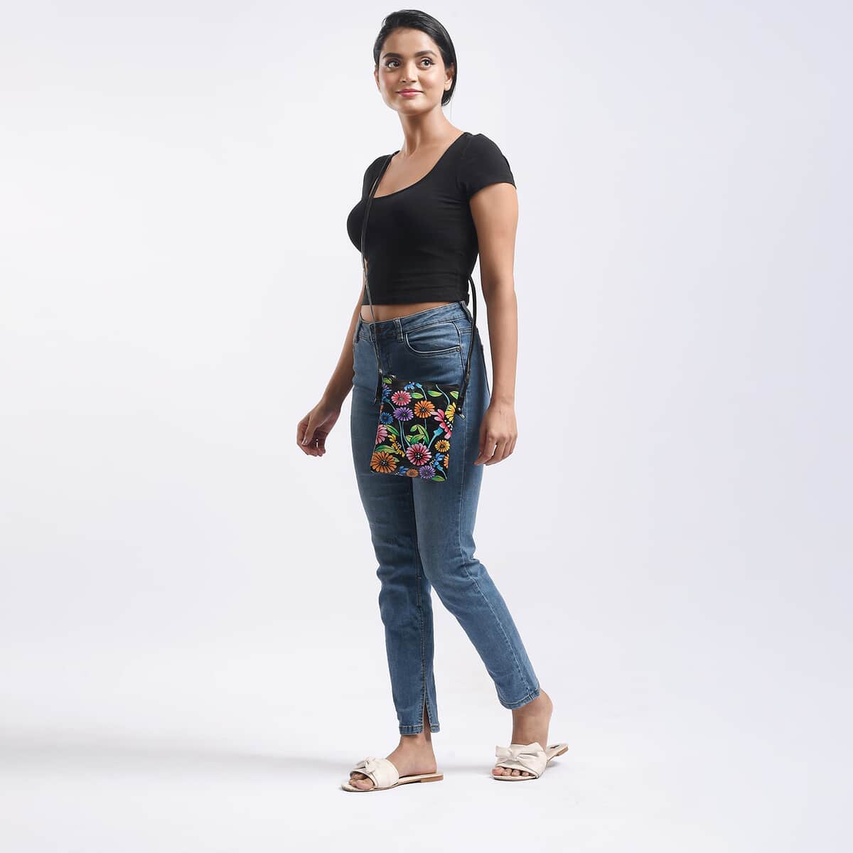 Vivid by Sukriti Black Multi Color Floral Pattern Hand Painted Genuine Leather Crossbody Bag image number 2