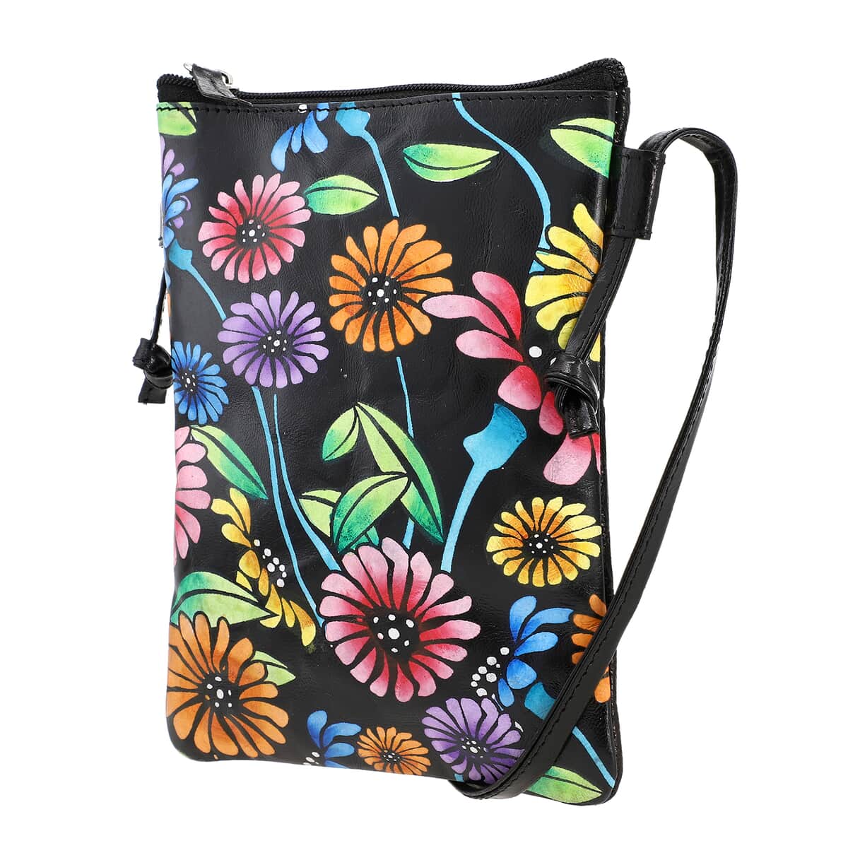 Vivid by Sukriti Black Multi Color Floral Pattern Hand Painted Genuine Leather Crossbody Bag image number 3