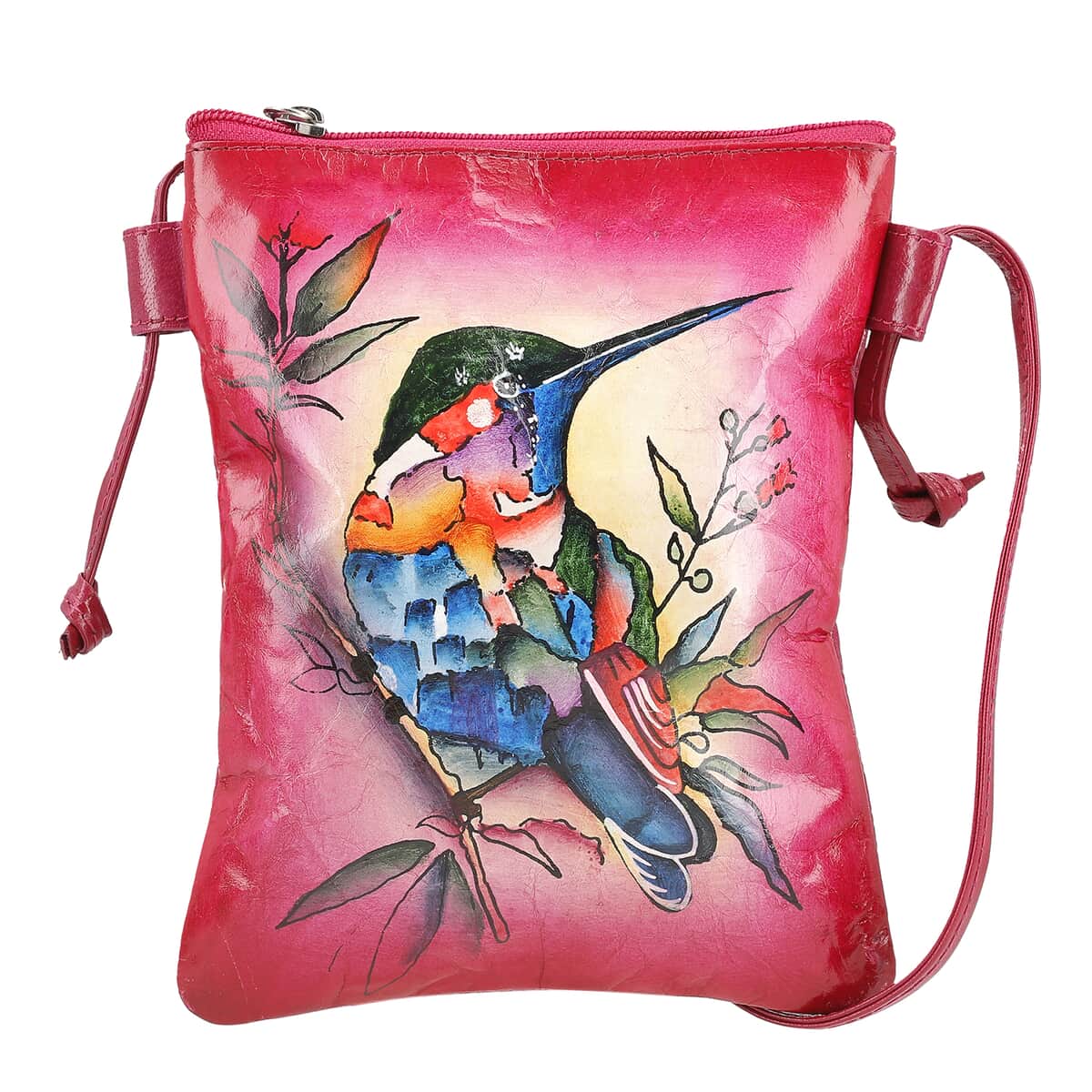 Vivid by Sukriti Pink Humming Bird Pattern Hand Painted Genuine Leather Crossbody Bag image number 0