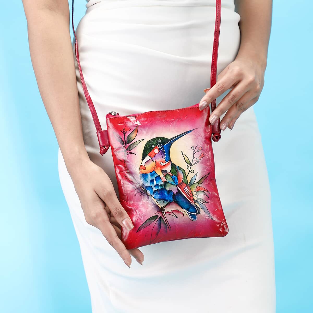 Vivid by Sukriti Pink Humming Bird Pattern Hand Painted Genuine Leather Crossbody Bag image number 2