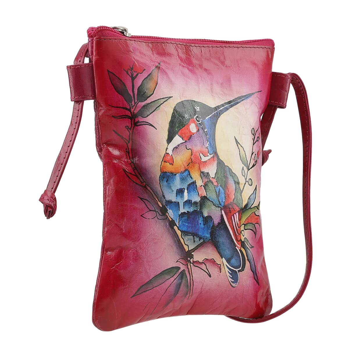 Vivid by Sukriti Pink Humming Bird Pattern Hand Painted Genuine Leather Crossbody Bag image number 3