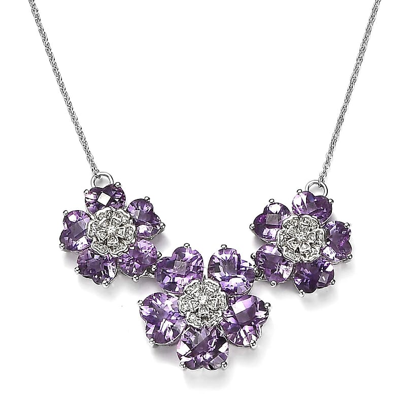 GP Italian Garden Collection Premium Rose De France Amethyst and White Zircon Floral Necklace 18 Inches in Platinum Over Sterling Silver 33.40 ctw