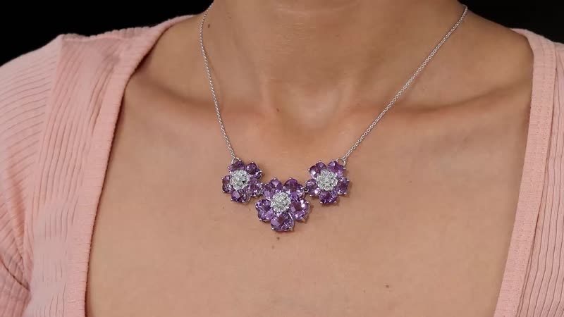 GP Italian Garden Collection Premium Rose De France Amethyst and White Zircon Floral Necklace 18 Inches in Platinum Over Sterling Silver 33.40 ctw