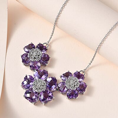 GP Italian Garden Collection Premium Rose De France Amethyst and White Zircon Floral Necklace 18 Inches in Platinum Over Sterling Silver 33.40 ctw