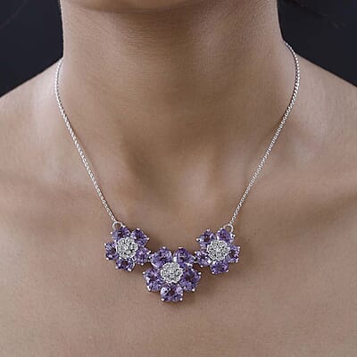 GP Italian Garden Collection Premium Rose De France Amethyst and White Zircon Floral Necklace 18 Inches in Platinum Over Sterling Silver 33.40 ctw