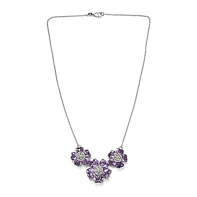 GP Italian Garden Collection Premium Rose De France Amethyst and White Zircon Floral Necklace 18 Inches in Platinum Over Sterling Silver 33.40 ctw