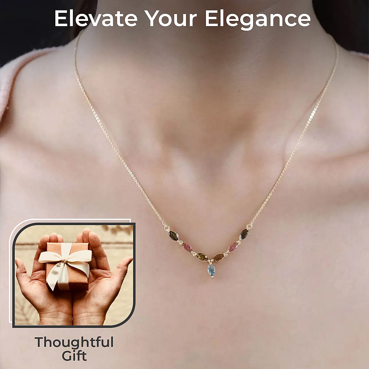 Multi-Tourmaline Necklace, Vermeil Yellow Gold Over Sterling Silver Necklace, 18 Inch Necklace, Tourmaline Jewelry For Her 1.50 ctw image number 2