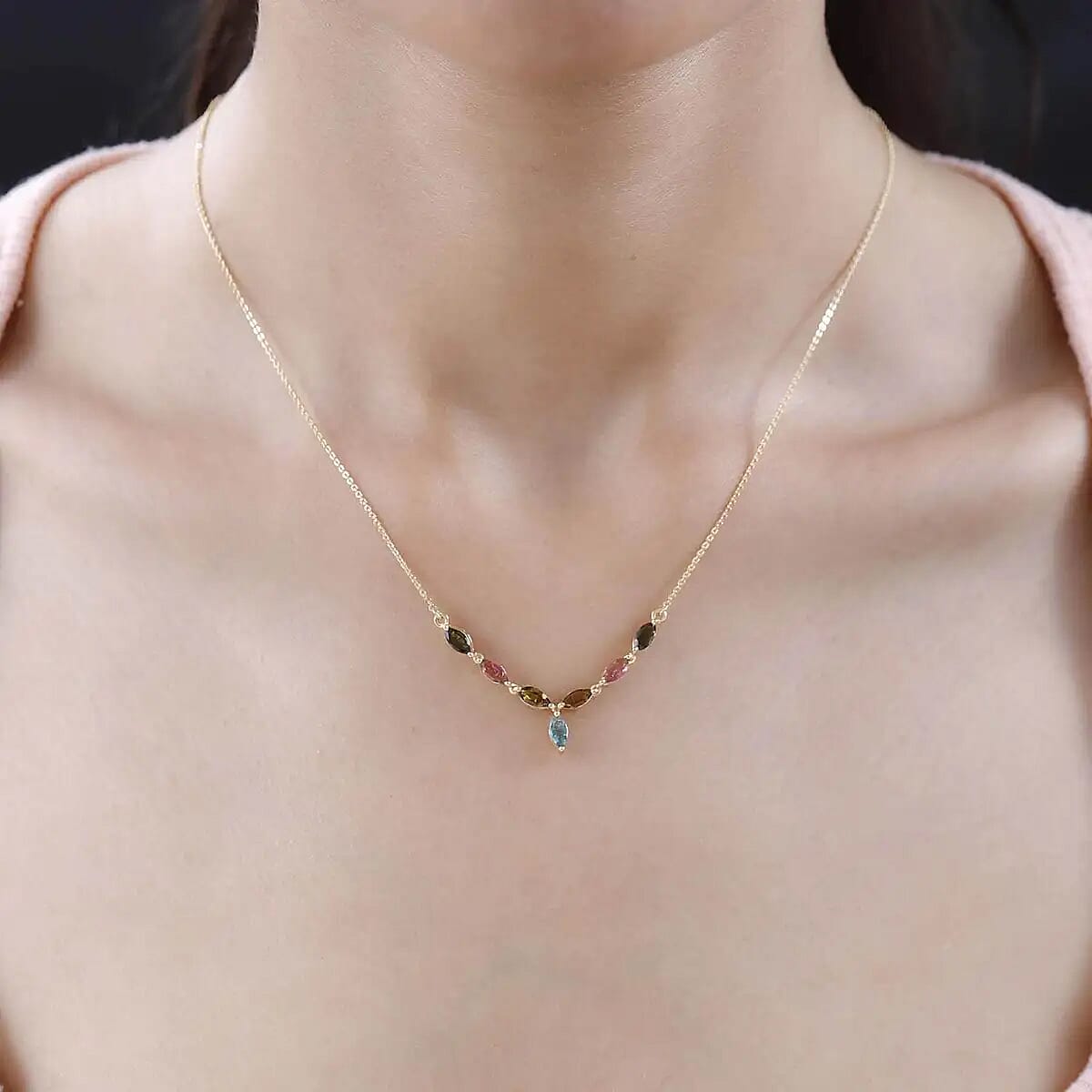 Multi-Tourmaline Necklace, Vermeil Yellow Gold Over Sterling Silver Necklace, 18 Inch Necklace, Tourmaline Jewelry For Her 1.50 ctw image number 5