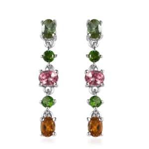 Multi-Tourmaline and Chrome Diopside Dangling Earrings in Platinum Over Sterling Silver 1.60 ctw