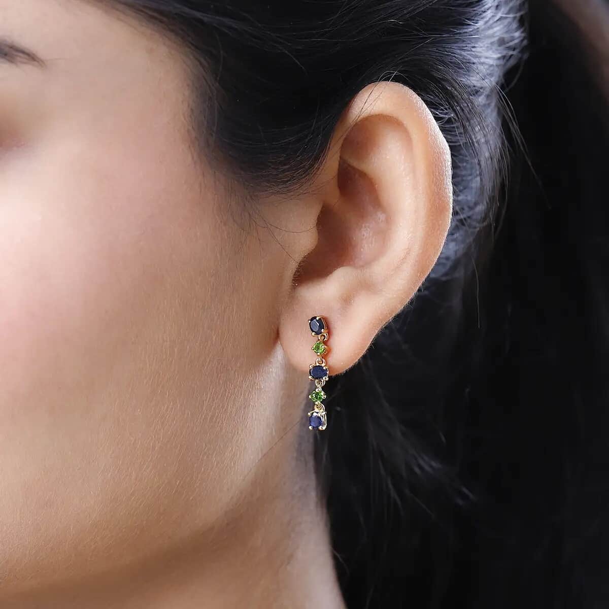 Madagascar Blue Sapphire DF and Chrome Diopside Dangling Earrings in Vermeil Yellow Gold Over Sterling Silver 1.85 ctw image number 4