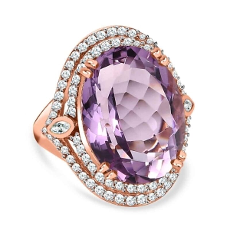 Rose De France Amethyst and White Zircon 21.47 ctw Ring in 14K RG Over Sterling Silver (Size 8.0)