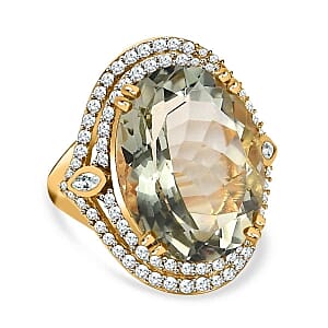 Prasiolite and White Zircon 21.47 ctw Ring in 14K YG Over Sterling Silver (Size 6.5)