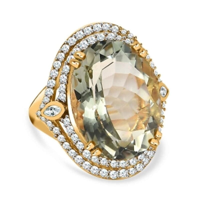 Prasiolite and White Zircon 21.47 ctw Ring in 14K YG Over Sterling Silver (Size 6.5)