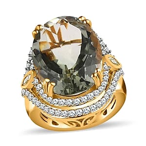 Prasiolite and White Zircon 21.47 ctw Ring in 14K YG Over Sterling Silver (Size 6.5)