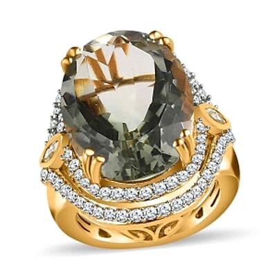 Prasiolite and White Zircon 21.47 ctw Ring in 14K YG Over Sterling Silver (Size 6.5)