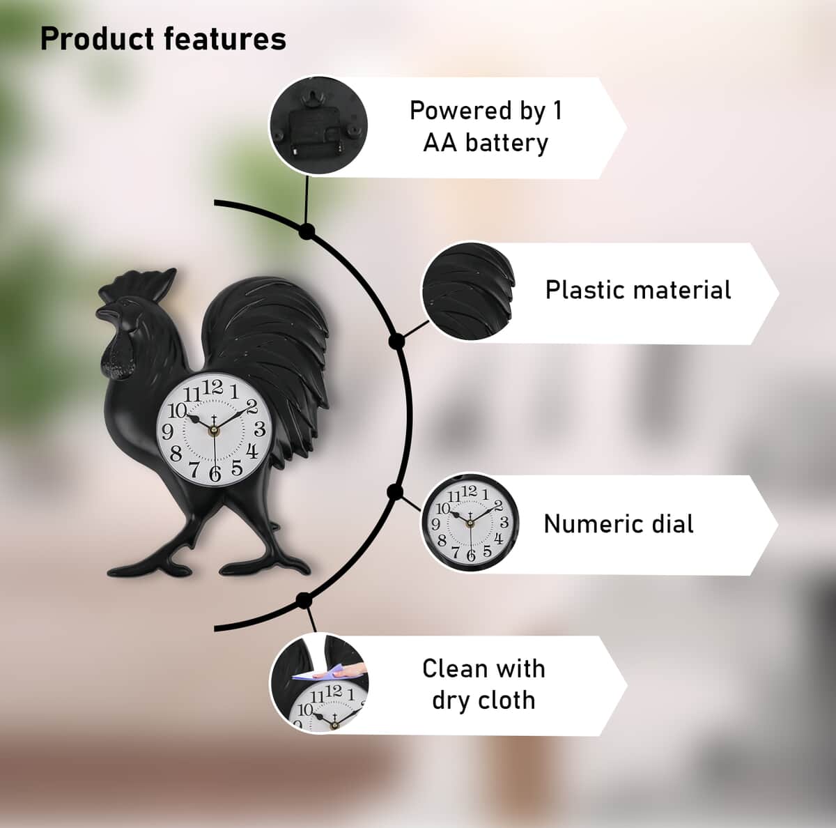 Black Rooster Shaped Wall Clock (1xAA Battery Not Included) image number 2