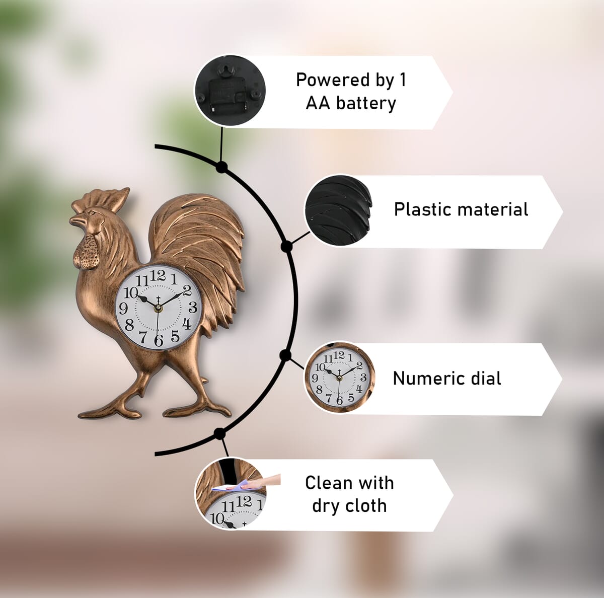Brown Rooster Shaped Wall Clock (1xAA Battery Not Included) image number 2