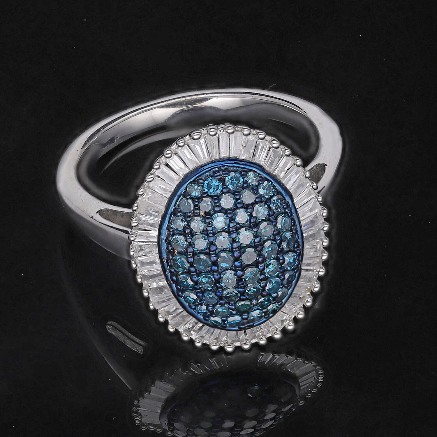 Blue and White Diamond 1.00 ctw Ring in Platinum Over Sterling Silver (Size 10.0)