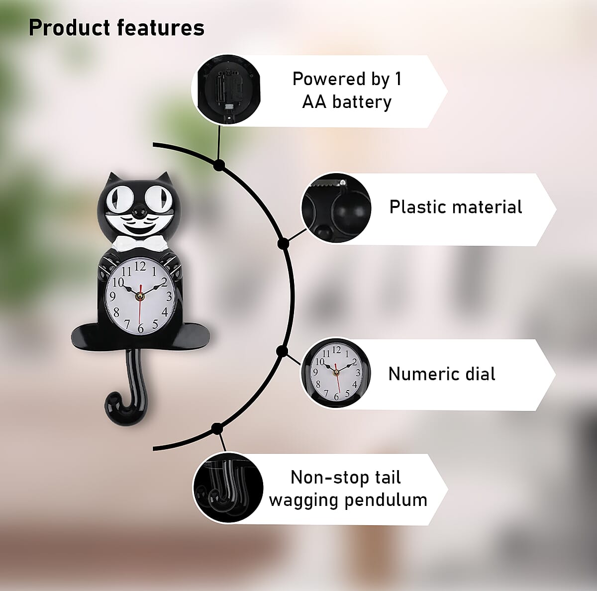 Black Cat Shaped Wall Clock with Moving Tail (1xAA Battery Not Included) image number 2