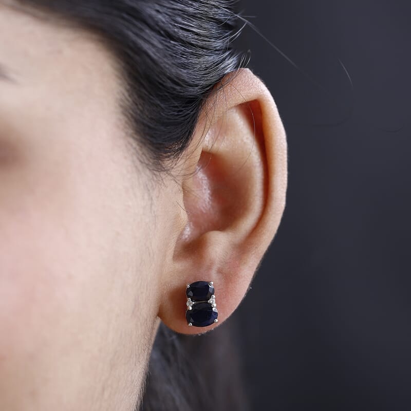 Madagascar Blue Sapphire (DF) and White Zircon Earrings in Platinum Over Sterling Silver 5.25 ctw