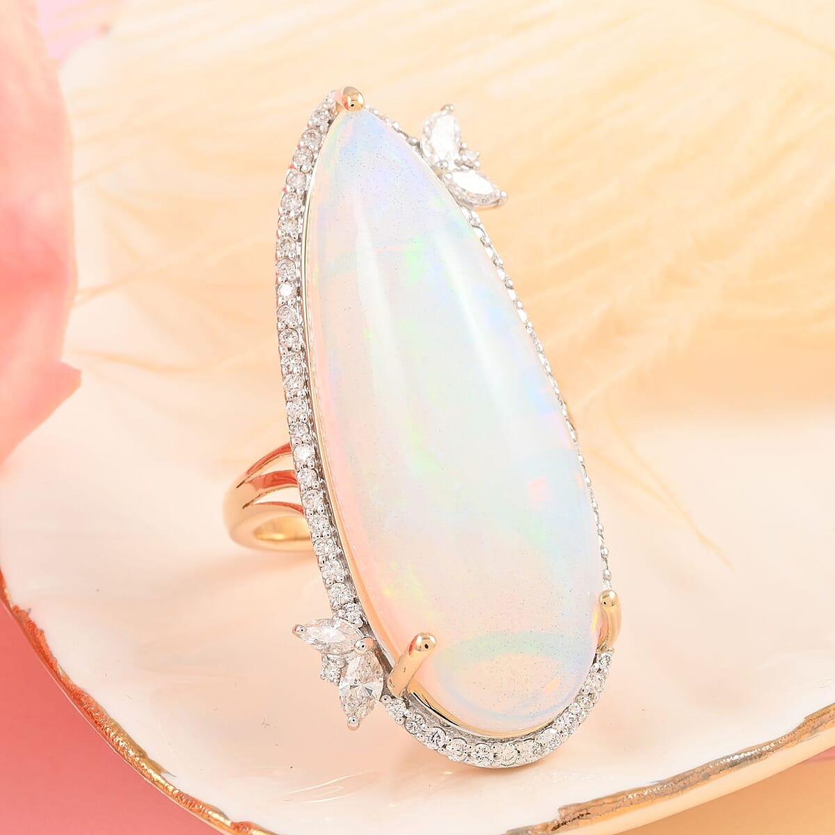 Luxoro 14K Yellow Gold Premium Ethiopian Welo Opal and G-H I2 Diamond Ring (Size 7.0) 7.30 Grams 24.75 ctw image number 1