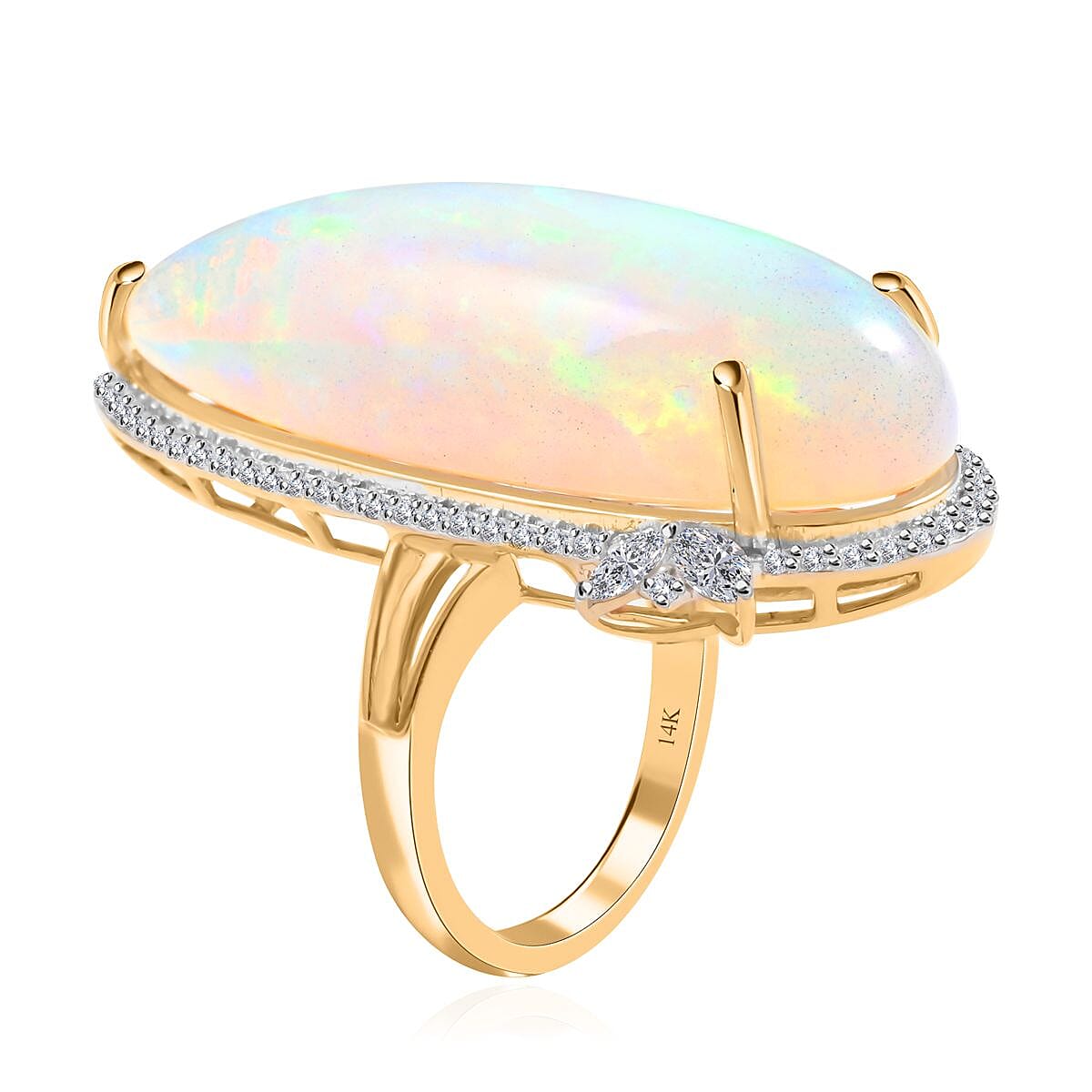 Luxoro 14K Yellow Gold Premium Ethiopian Welo Opal and G-H I2 Diamond Ring (Size 7.0) 7.30 Grams 24.75 ctw image number 3