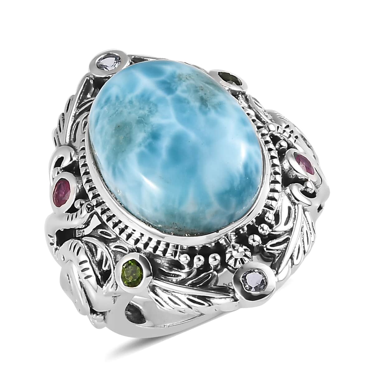 Artisan Crafted Larimar and Multi Gemstone Ring in Sterling Silver 12.10 ctw image number 0