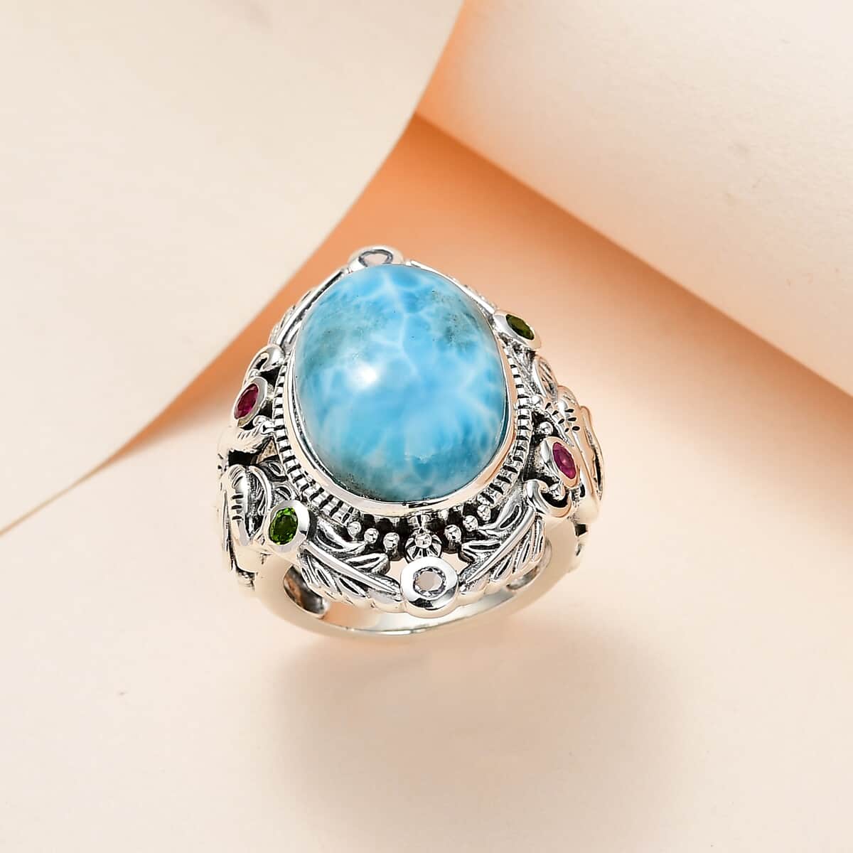 Artisan Crafted Larimar and Multi Gemstone Ring in Sterling Silver 12.10 ctw image number 1