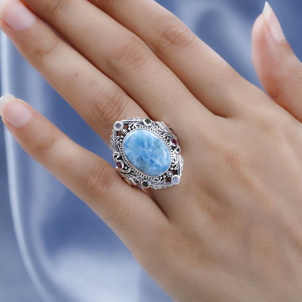 Artisan Crafted Larimar and Multi Gemstone Ring in Sterling Silver 12.10 ctw image number 2