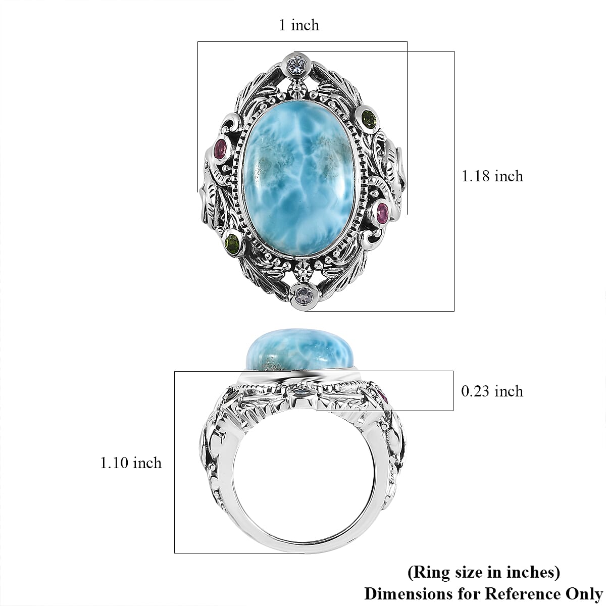 Artisan Crafted Larimar and Multi Gemstone Elephant Ring in Sterling Silver (Size 10.0) 12.10 ctw