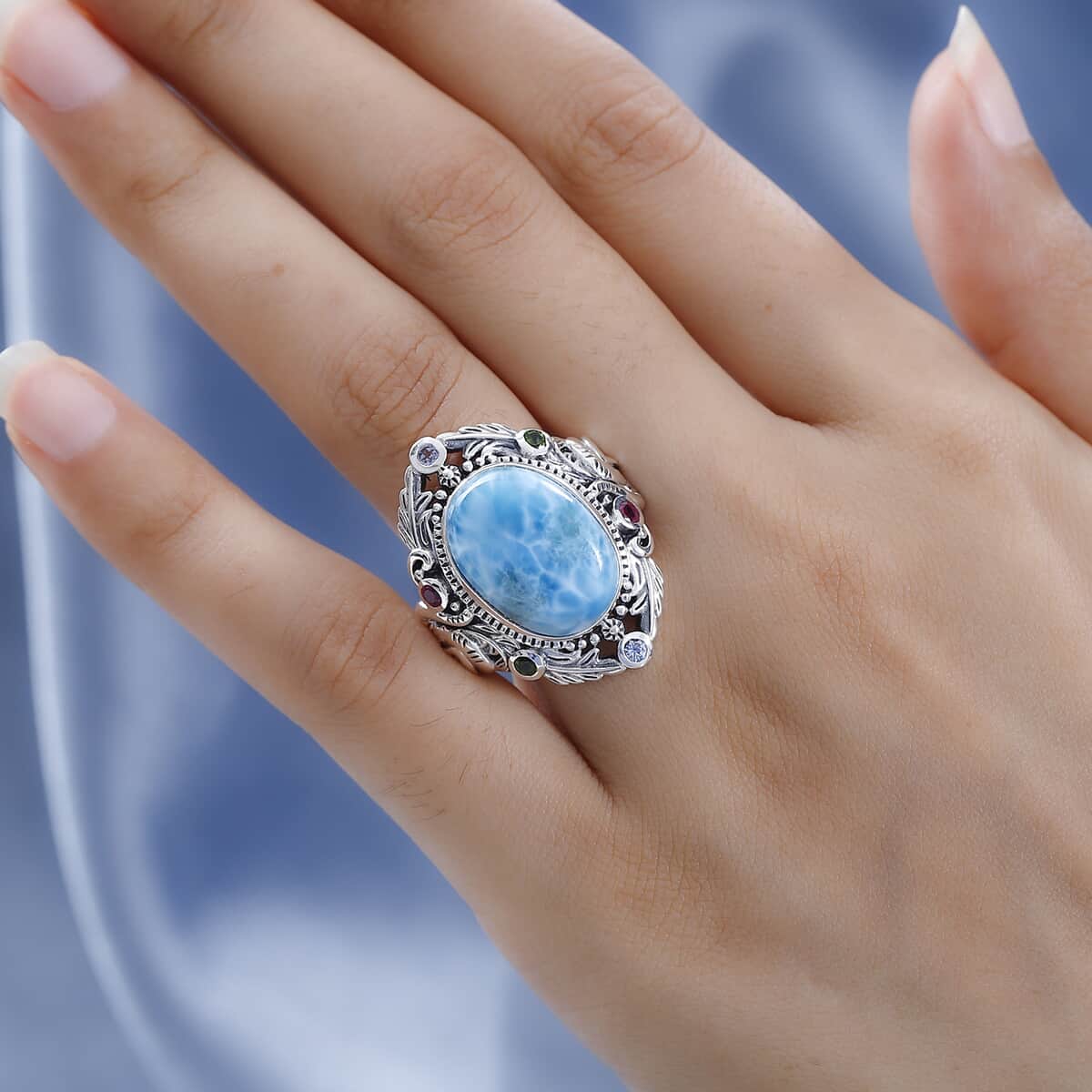 Artisan Crafted Larimar and Multi Gemstone Elephant Ring in Sterling Silver (Size 6.0) 12.10 ctw image number 2