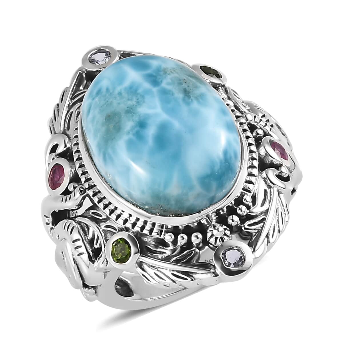 Artisan Crafted Larimar and Multi Gemstone Elephant Ring in Sterling Silver (Size 7.0) 12.10 ctw image number 0