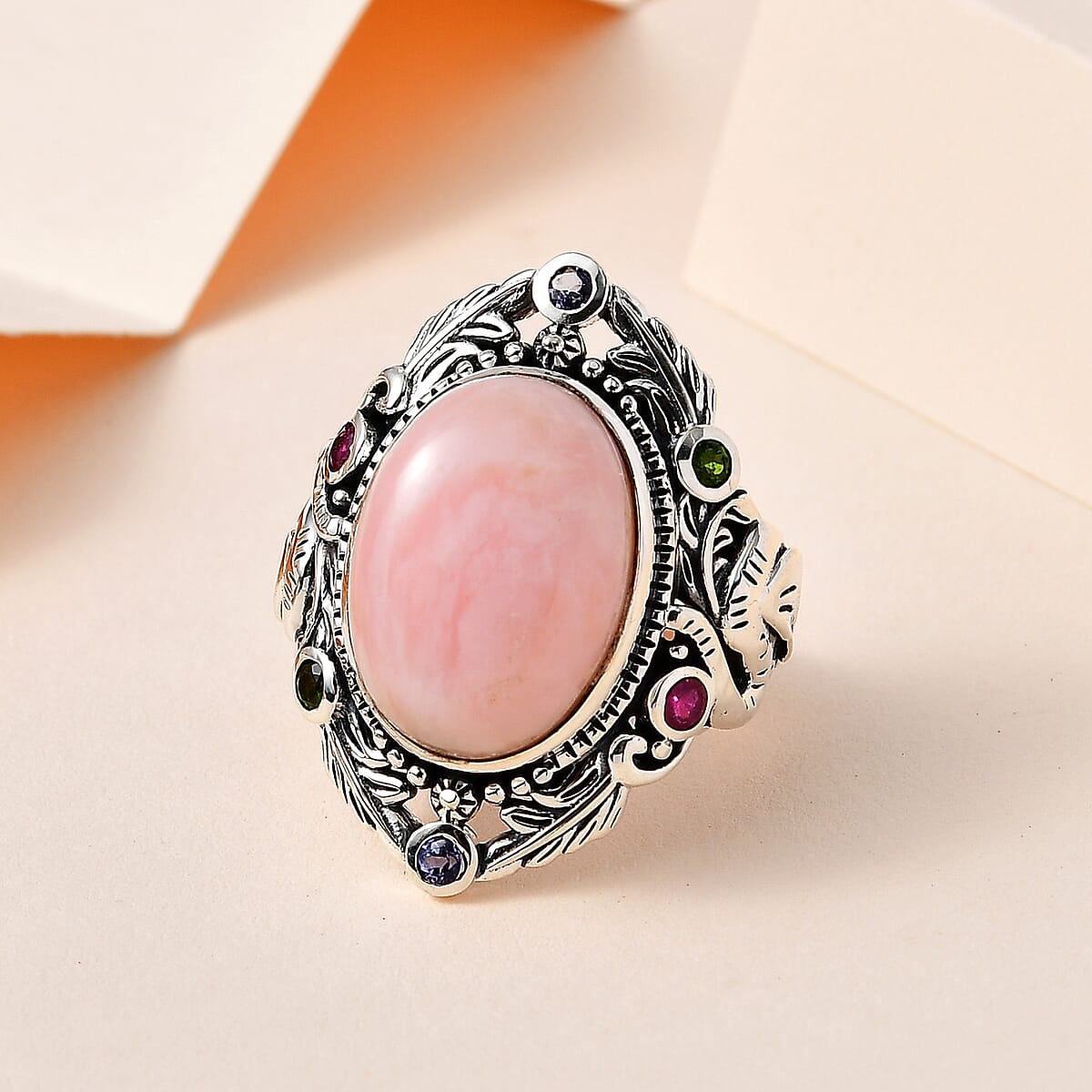 Artisan Crafted Peruvian Pink Opal and Multi Gemstone Elephant Ring in Sterling Silver (Size 8.0) 10.50 ctw image number 1