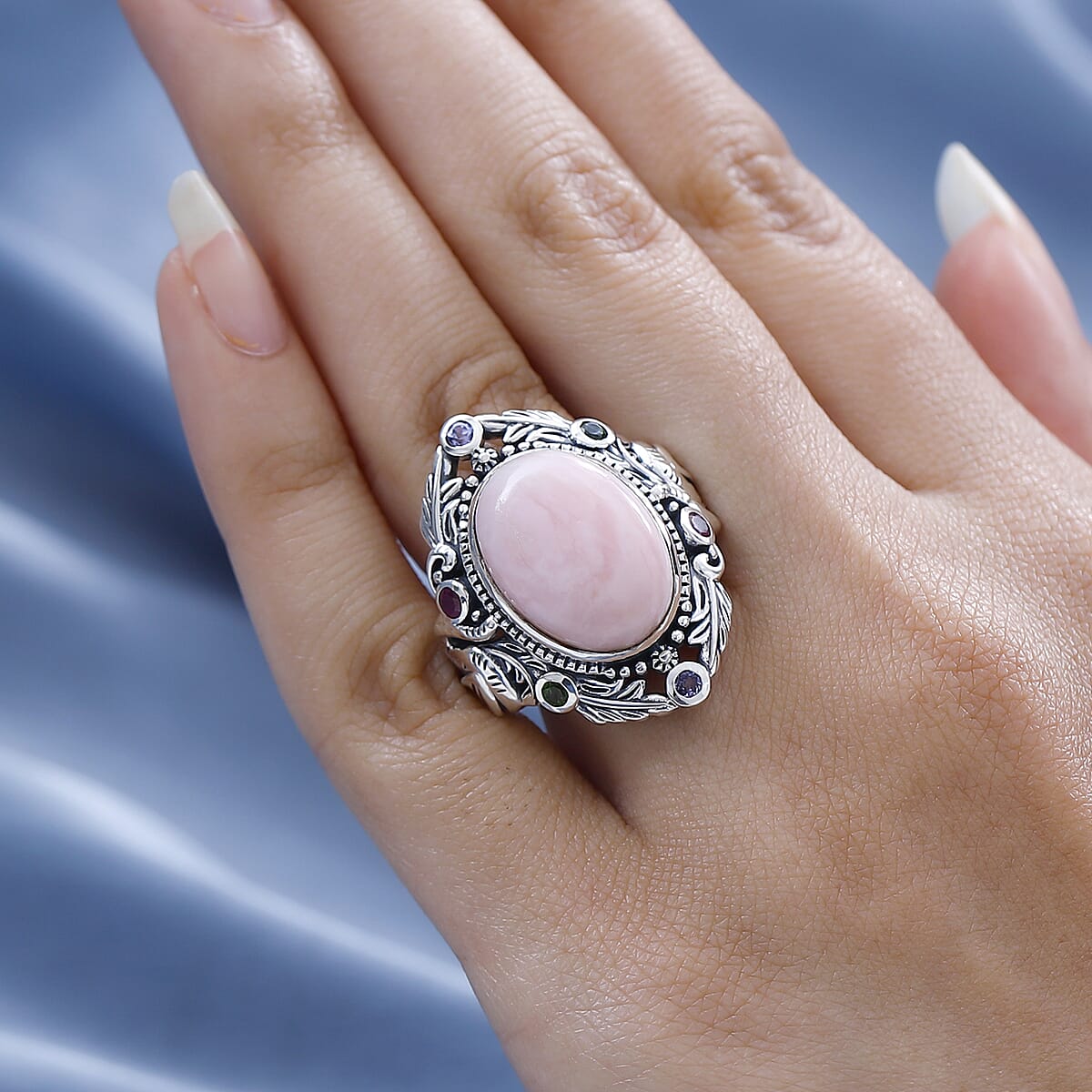 Artisan Crafted Peruvian Pink Opal and Multi Gemstone Elephant Ring in Sterling Silver (Size 8.0) 10.50 ctw image number 2