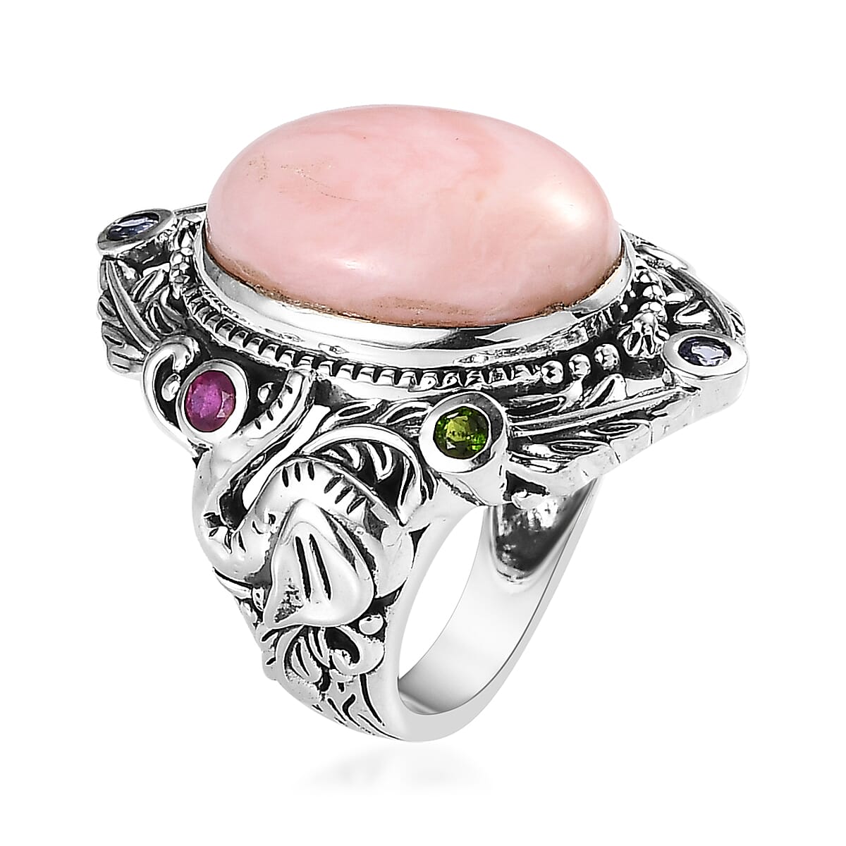 Artisan Crafted Peruvian Pink Opal and Multi Gemstone Elephant Ring in Sterling Silver (Size 8.0) 10.50 ctw image number 3