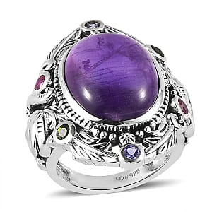 Artisan Crafted African Amethyst and Multi Gemstone Elephant Ring in Sterling Silver (Size 7.0) 13.00 ctw