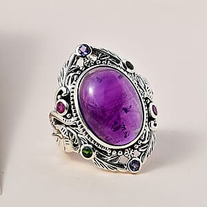 Artisan Crafted African Amethyst and Multi Gemstone Elephant Ring in Sterling Silver (Size 7.0) 13.00 ctw