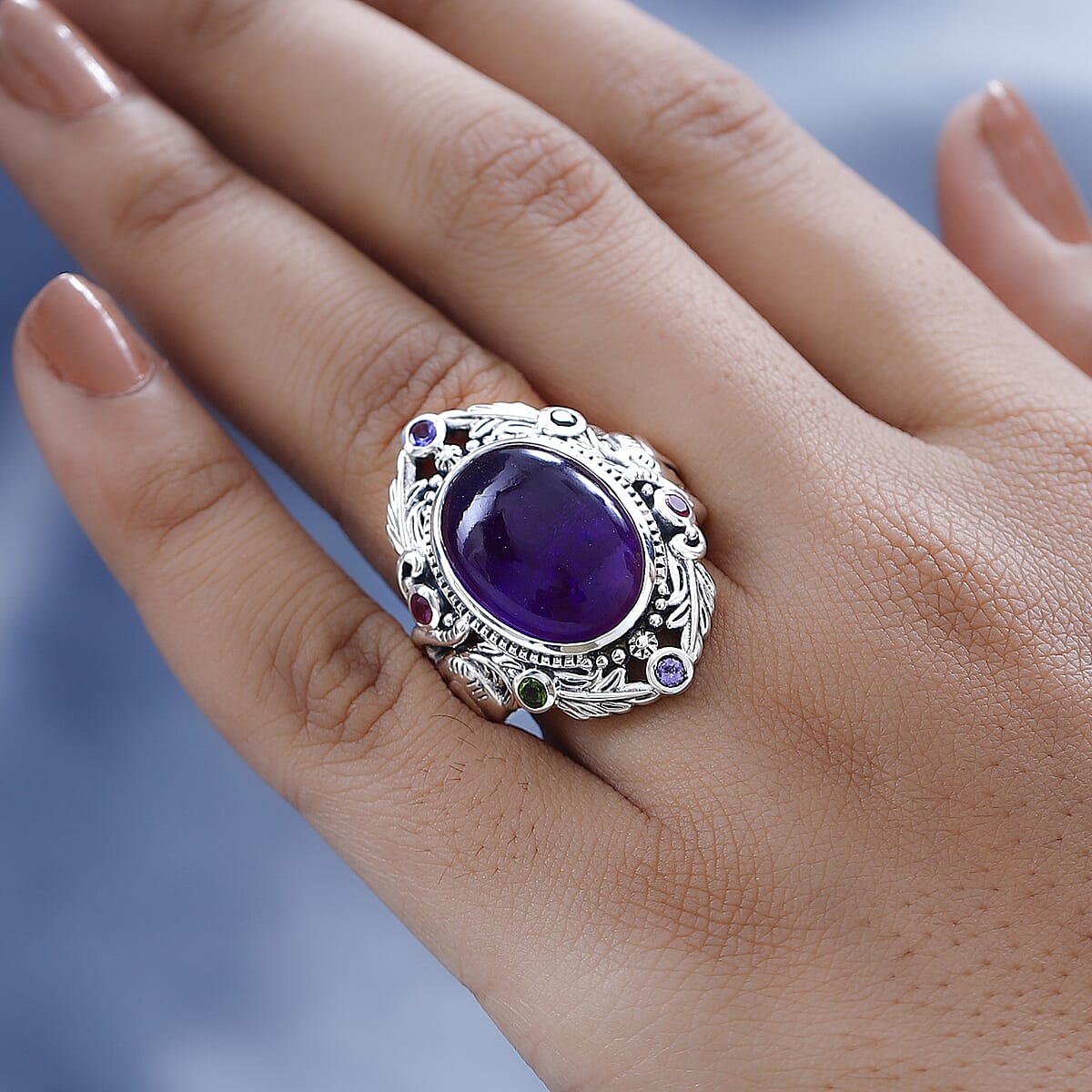 Artisan Crafted African Amethyst and Multi Gemstone Elephant Ring in Sterling Silver (Size 7.0) 13.00 ctw image number 2