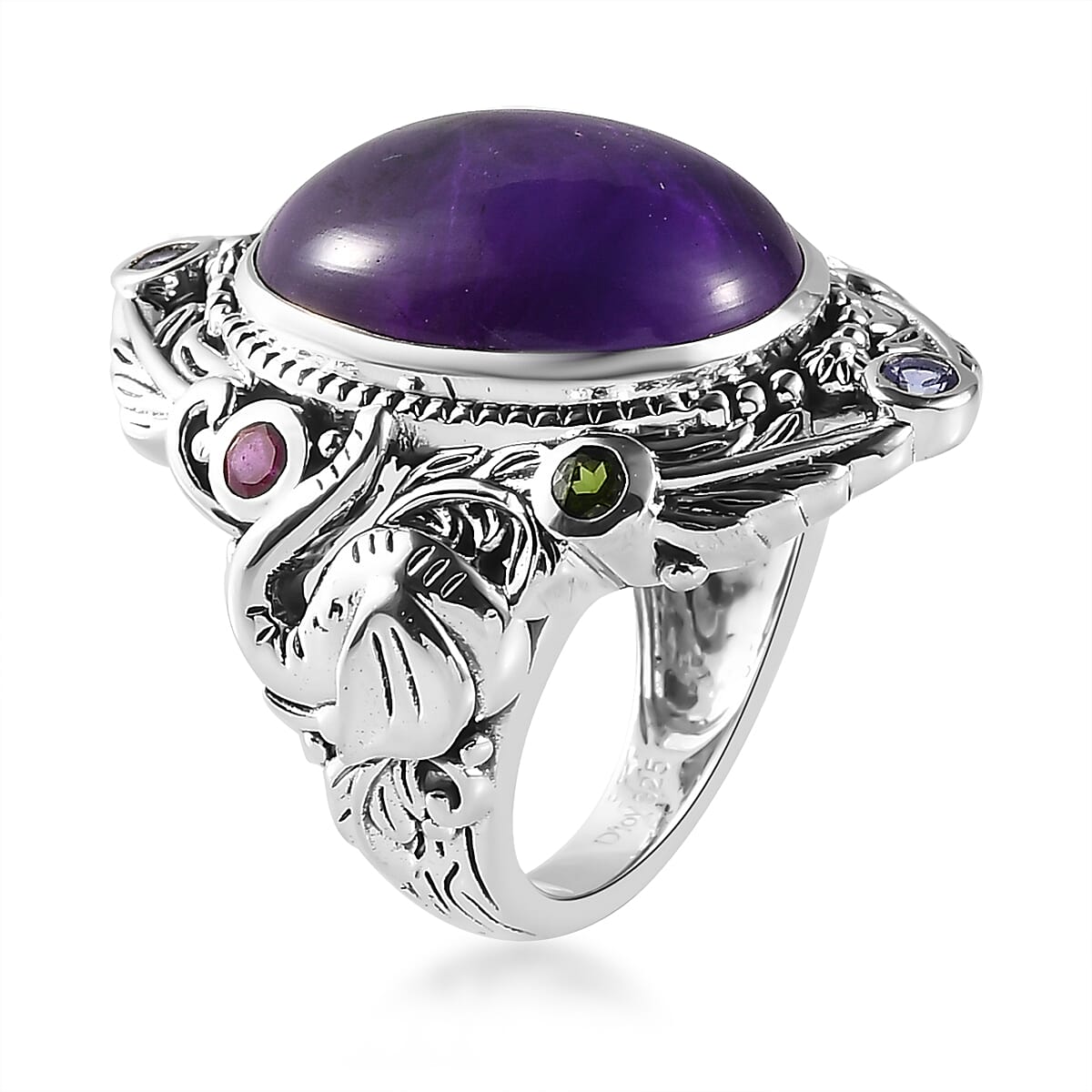 Artisan Crafted African Amethyst and Multi Gemstone Elephant Ring in Sterling Silver (Size 7.0) 13.00 ctw image number 3
