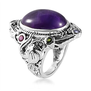 Artisan Crafted African Amethyst and Multi Gemstone Elephant Ring in Sterling Silver (Size 7.0) 13.00 ctw