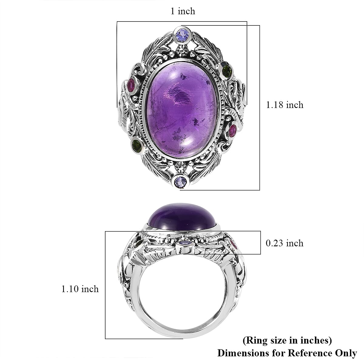 Artisan Crafted African Amethyst and Multi Gemstone Elephant Ring in Sterling Silver (Size 7.0) 13.00 ctw image number 5