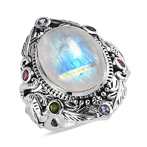Artisan Crafted Rainbow Moonstone and Multi Gemstone Elephant Ring in Sterling Silver (Size 7.0) 13.65 ctw